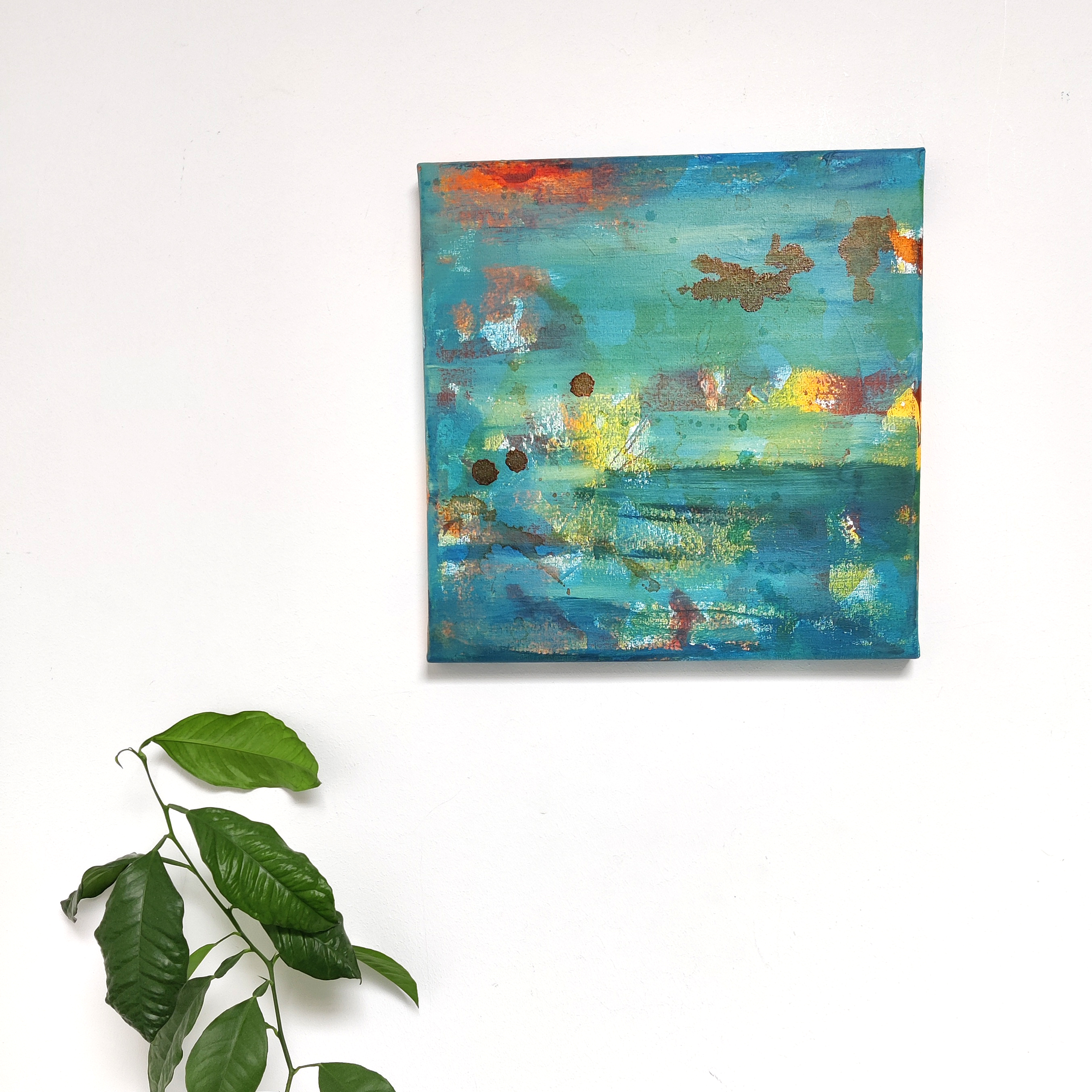30x30 vierkant abstract schilderij blauw oranje mixed media