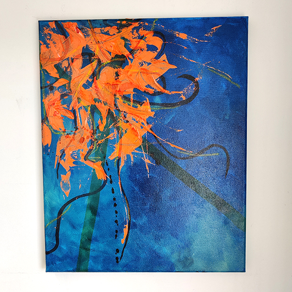 vierkant abstract schilderij blauw oranje mixed media