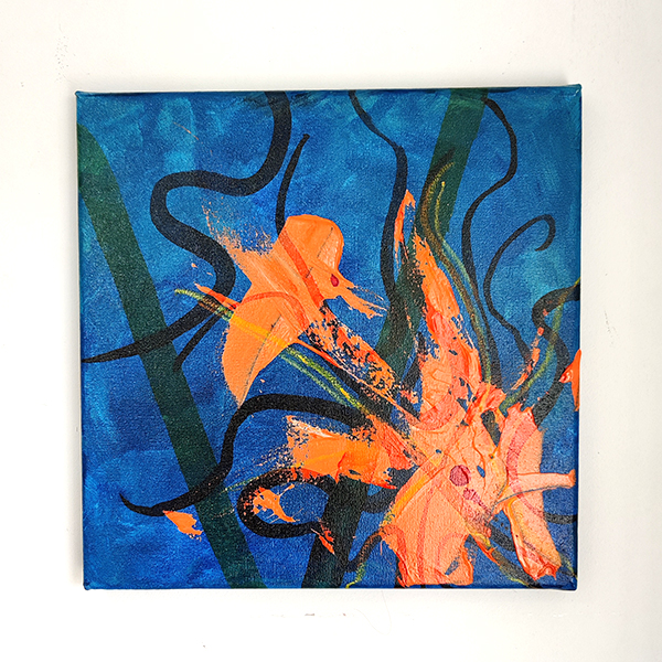 vierkant abstract schilderij blauw oranje mixed media