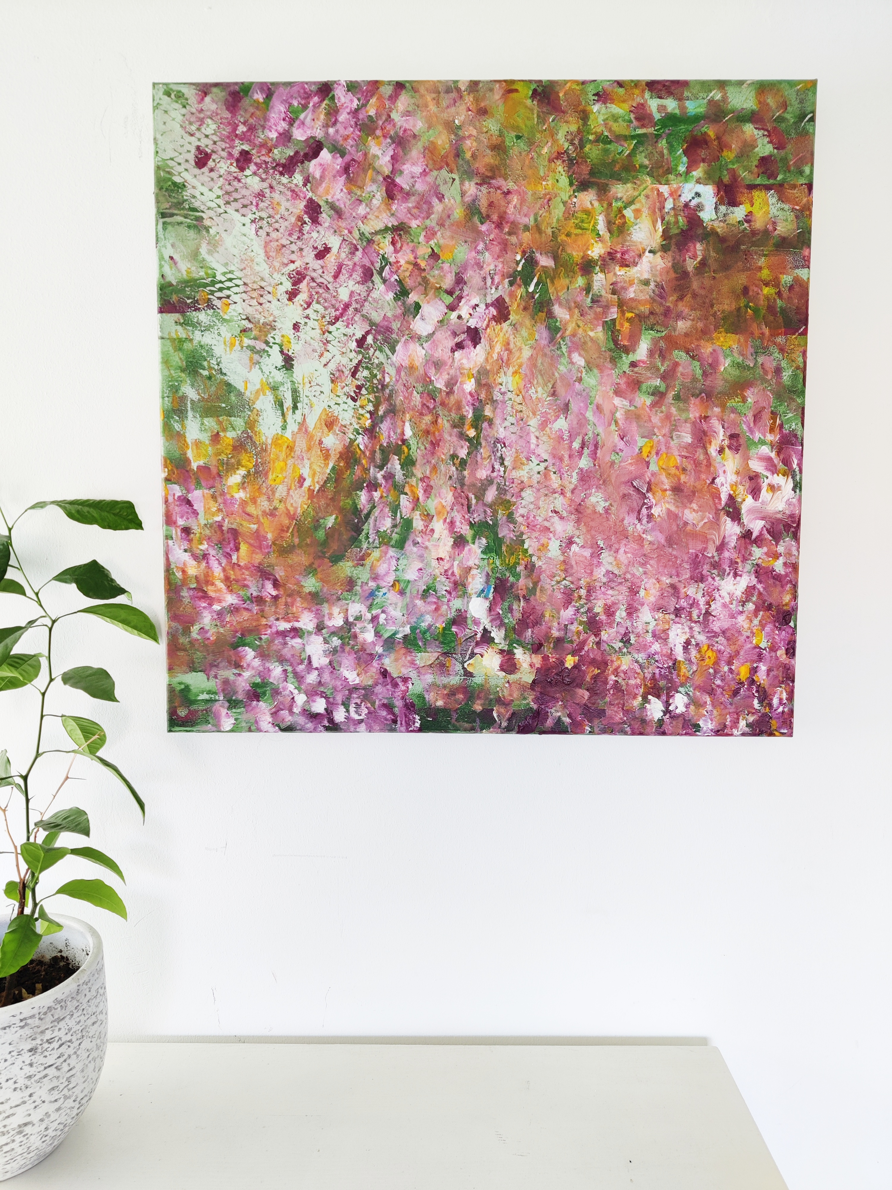 60x60 vierkant abstract schilderij lente mixed media