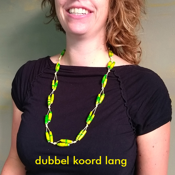 geelgroene papierkralen met rood garen dubbele ketting